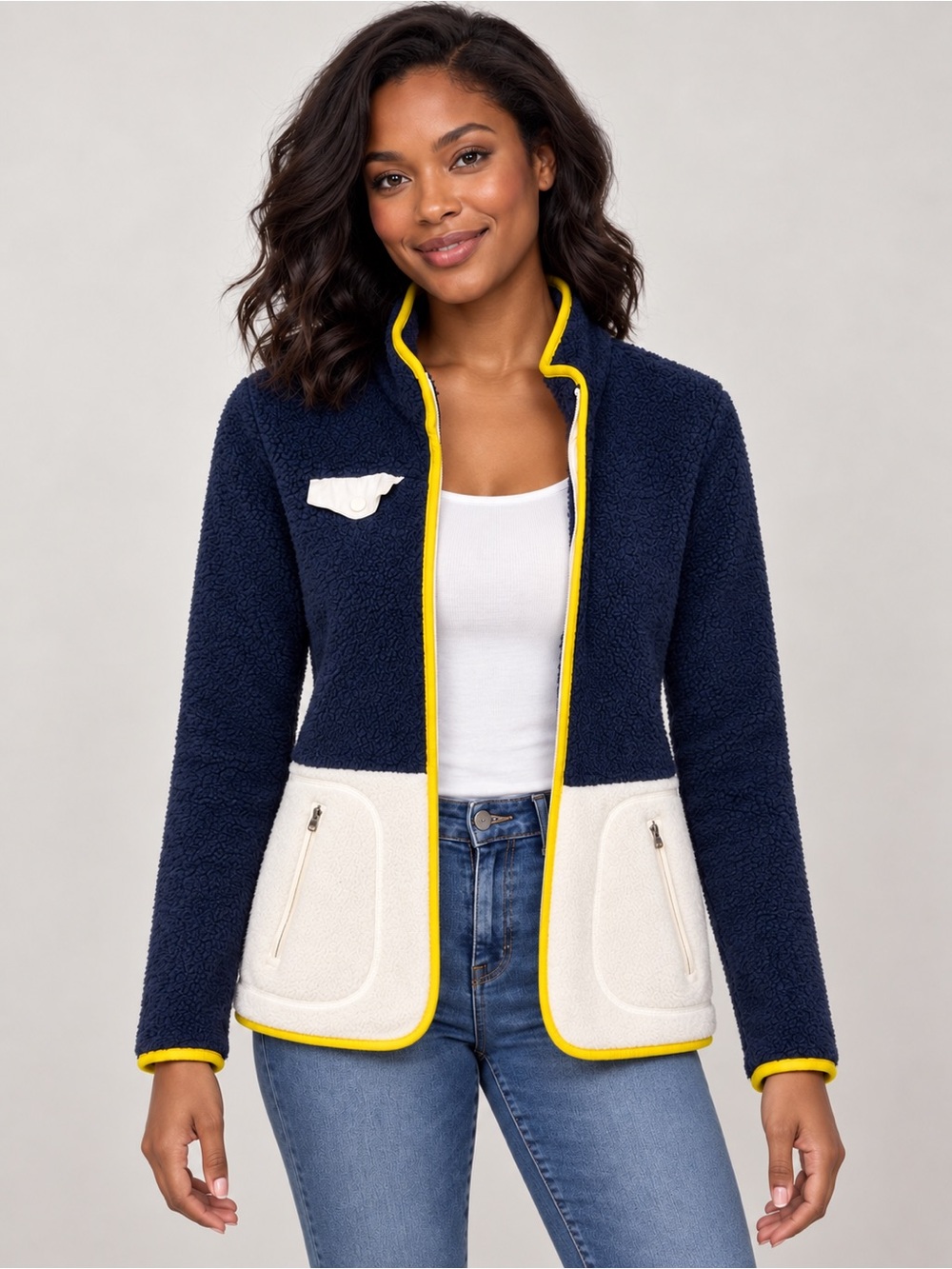 Talbots Navy, White & Yellow Contrast Sherpa Zipper Jacket